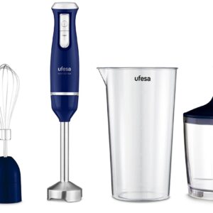 BATIDORA UFESA C.M. 800W AZUL + PICADORA+MONTACLARAS FUNCIÓN TURBO 4 CUCHILLAS DE ALTA EFICIENCIA ERGONÓMICA DISEÑO ANTI SALPICADURAS VASO MEDIDOR DE 600ML LIBRE DE BPA ACCESORIO PICADORA LIBRE DE BPA BATIDOR EMULSIONADOR 600 W