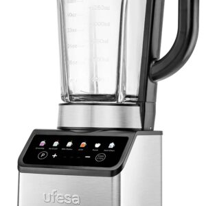 BATIDORA UFESA VASO 1,5L 1200W JARRA DE CRISTAL PANEL DE CONTROL DIGITAL 7 FUNCIONES AUTOMÁTICAS PULSO, SMOOTHIE, HIELO, BATIDO, ZUMO, PURÉ, AUTOLIMPIEZA TRITURA HIELO: PERFECTO PARA CÓCTELES 4 CUCHILLAS DE ACERO INOXIDABLE BASE DE ACE