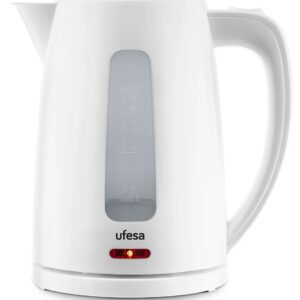 HERVIDOR UFESA 1,7L 2200W BLANCO INDICADOR DE NIVEL DE AGUA INDICADOR ON/OFF LUMINOSO. TRES SISTEMAS DE SEGURIDAD: - DESCONEXIÓN AUTOMÁTICA AL HERVIR. - DESCONEXIÓN AUTOMÁTICA EN CASO DE FALTA DE AGUA. - DESCONEXIÓN AUTOMÁTICA AL LEV