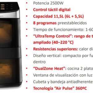 FREIDORA UFESA SIN Aceite 11,5L DOBLE ALTURA VERTICAL 2500W NEGRA 8 PROGRAMAS PREESTABLECIDOS“UltraTemp Control”: rango de temperatura AMPLIADO (40º-220º) Resistencias superiores