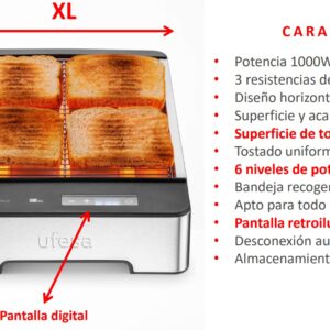 TOSTADOR UFESA PLANO 1000W INOX DIGITAL TACTIL 3 BARRAS Superficie de tostado XL (25 x 20 cm) 6 NIVELES DE POTENCIA REF. 71306255