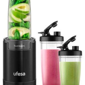 BATIDORA UFESA VASO PERSONAL 900W 2 VASOS (0,8L + 0,5L) NEGRO 2 CABEZALES DE CUCHILLAS ACERO INOX Cuchillas extractoras especiales de alta eficiencia para exprimir, moler y licuar Y Tritura las semillas, la piel y los tallos