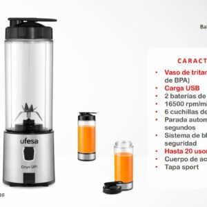 BATIDORA UFESA VASO 400ML PERSONAL TRITAN USB (LIBRE DE BPA) 2 BATERÍAS DE 2550 MAH 16500 RPM/MIN 6 CUCHILLAS DE ACERO INOXIDABLE PARADA AUTOMÁTICA A LOS 45 SEGUNDOS SISTEMA DE BLOQUEO DE SEGURIDAD HASTA 20 USOS POR CARGA CUERPO DE ACERO INOXIDABLE CAR