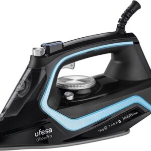 PLANCHA UFESA 2600W VAPOR GOLPE DE VAPOR: 180GR · VAPOR CONSTANTE: 35GR / MIN · DEPÓSITO: 280ML SISTEMA ANTICAL 3 EN 1 ·FUNCIÓN DE PULVERIZACIÓN ·SUELA CERÁMICA “GLIDEPRO” 2600W