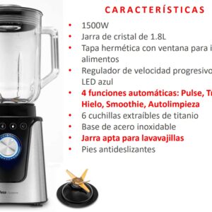 BATIDORA UFESA VASO 1,8L 1500W ROCK CRYSTAL JARRA CRISTAL INOX Control de velocidad progresivo 4 PROGRAMAS: BATIDO,exprimir, pica-hielo y auto-limpieza 6 CUCHILLAS de titanio